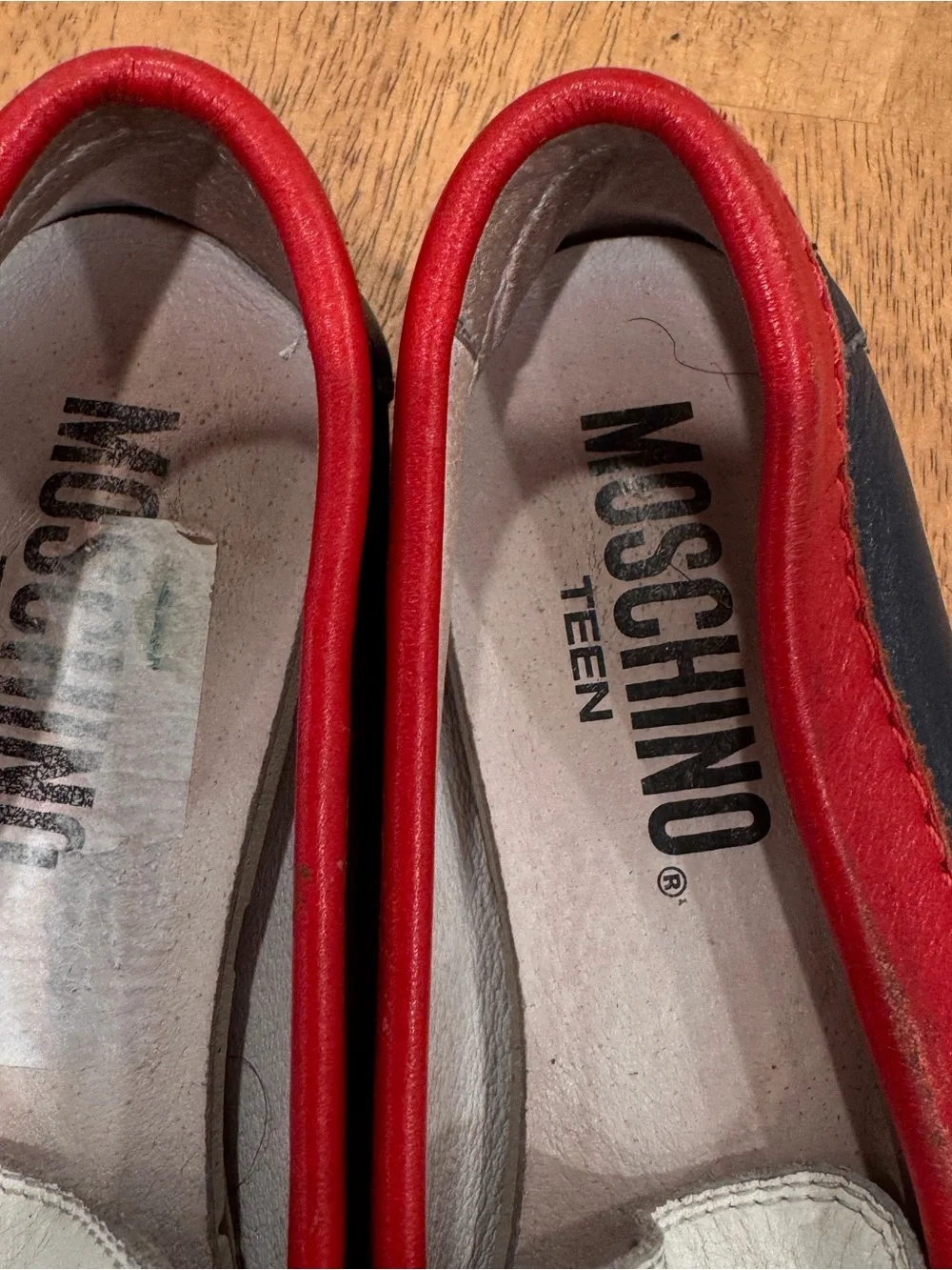 Moschino Teen Kids Leather Moccasin Loafers Size 31 US 13 Red White Blue Preppy